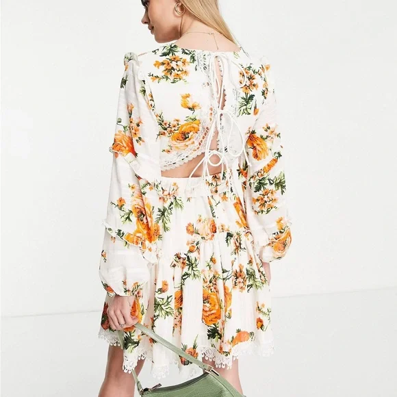 ASOS Design Maternity lace tiered mini dress with trim detail and floral US  14
